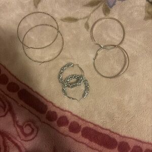 Silver Hoop Earring Set with Rhinestone Accent - Women's Jewelry